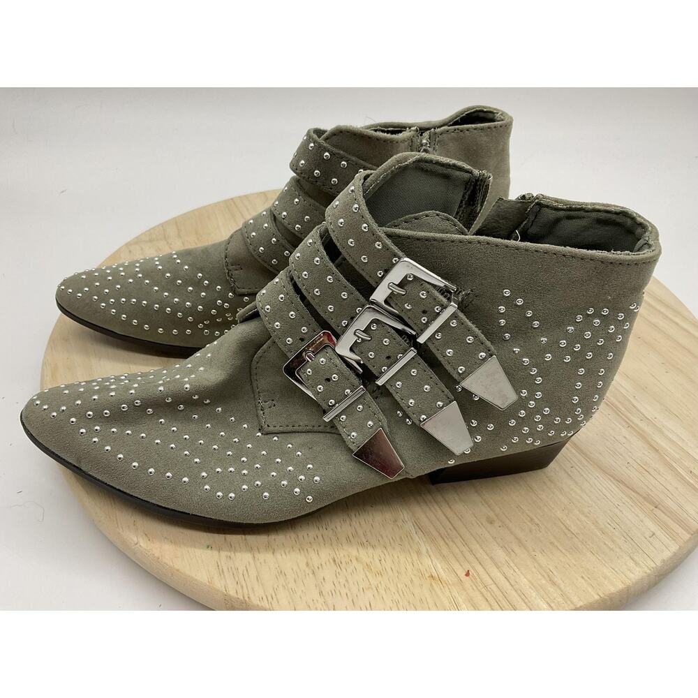 Qupid Ankle Boots Womens‎ Size 5.5 Green Faux Suede Studded Buckle Heel